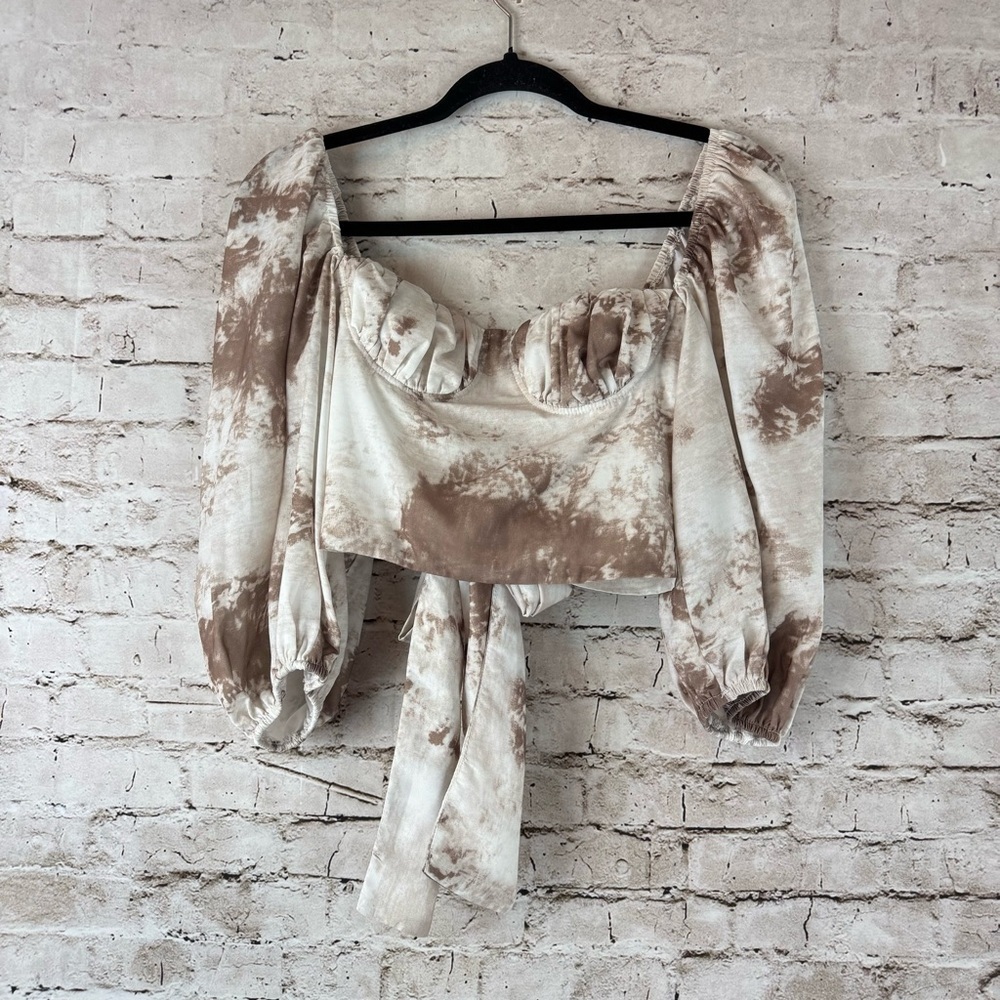 isalis Women's M Off the Shoulder 3/4 Sleeve Cropped Blouse Brown Off White Med